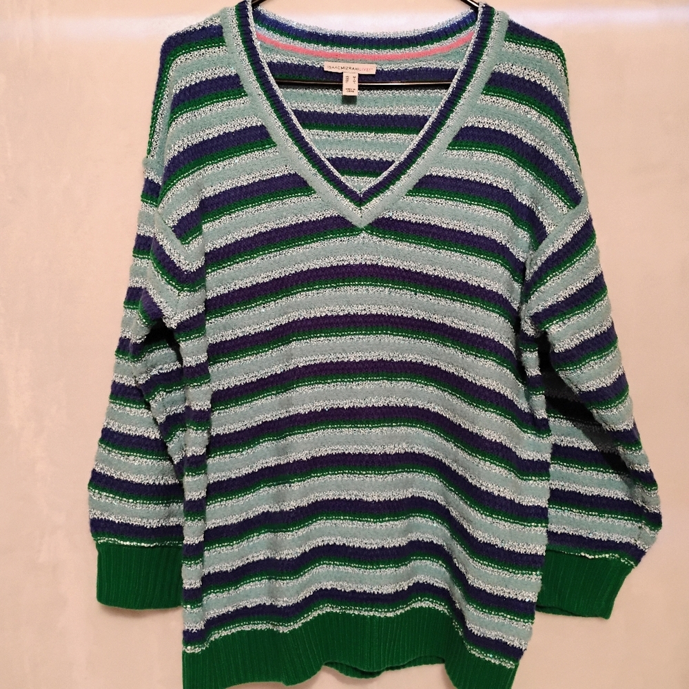 Isaac Mizrahi Live Womens Medium Green Blue Striped V Neck Fuzzy Sweater A